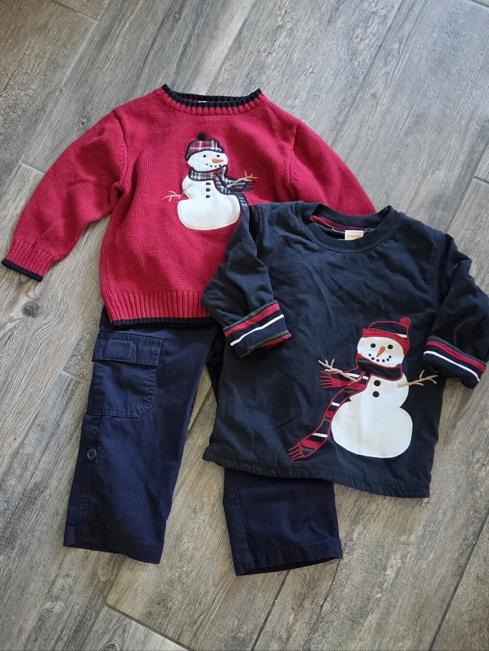 Gymboree EUC 2T Red Snowman Sweater, Navy Reversible Striped Tee and Cargo Pants